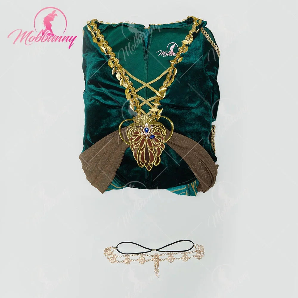 Folded green velvet bodysuit and ornate golden headpiece accessory