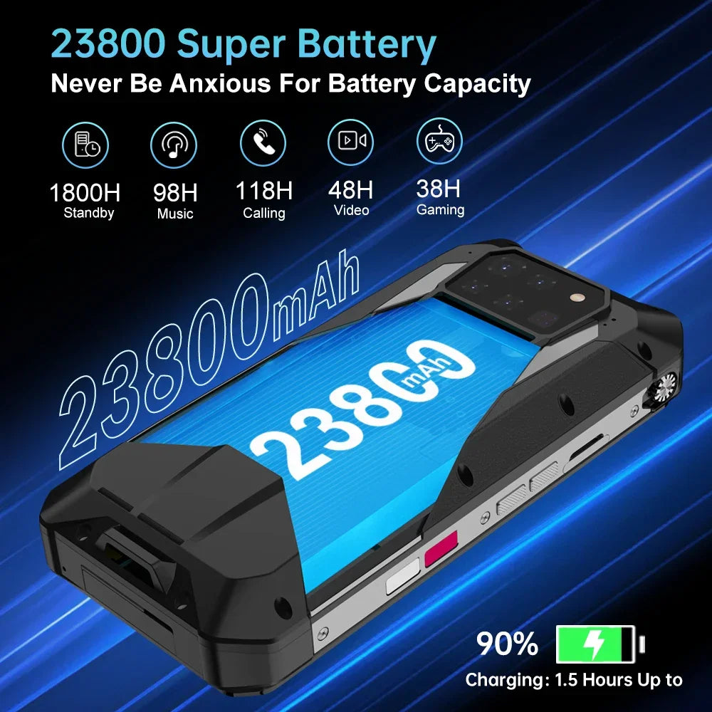 Black rugged smartphone showcasing its high capacity 23800mAh battery life and quick charging capabilities.