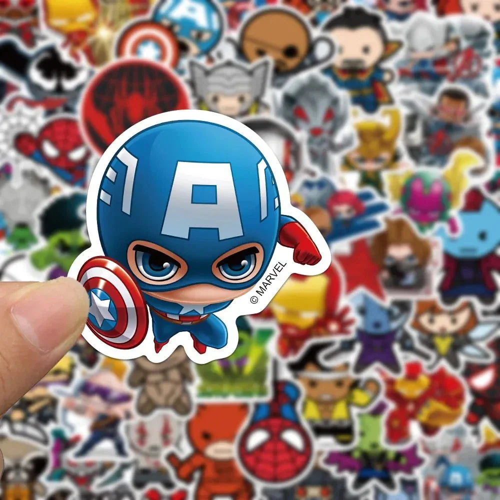 A hand holding a chibi Captain America sticker with various cartoon superhero stickers