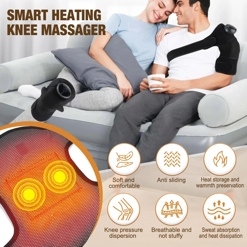Couple using shoulder and knee heating massagers with features listed