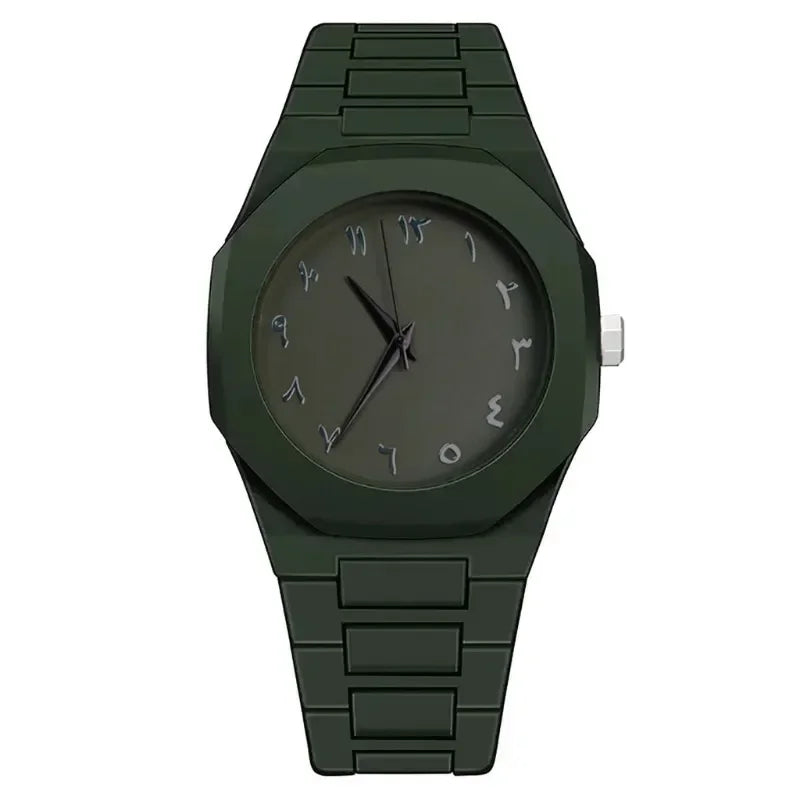A quartz wristwatch with an irregular 40mm plastic case and a silicone band available in five colors – green