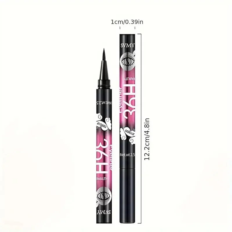 One open and one closed black liquid eyeliner pen with technical measurement markings showing dimensions in centimeters and