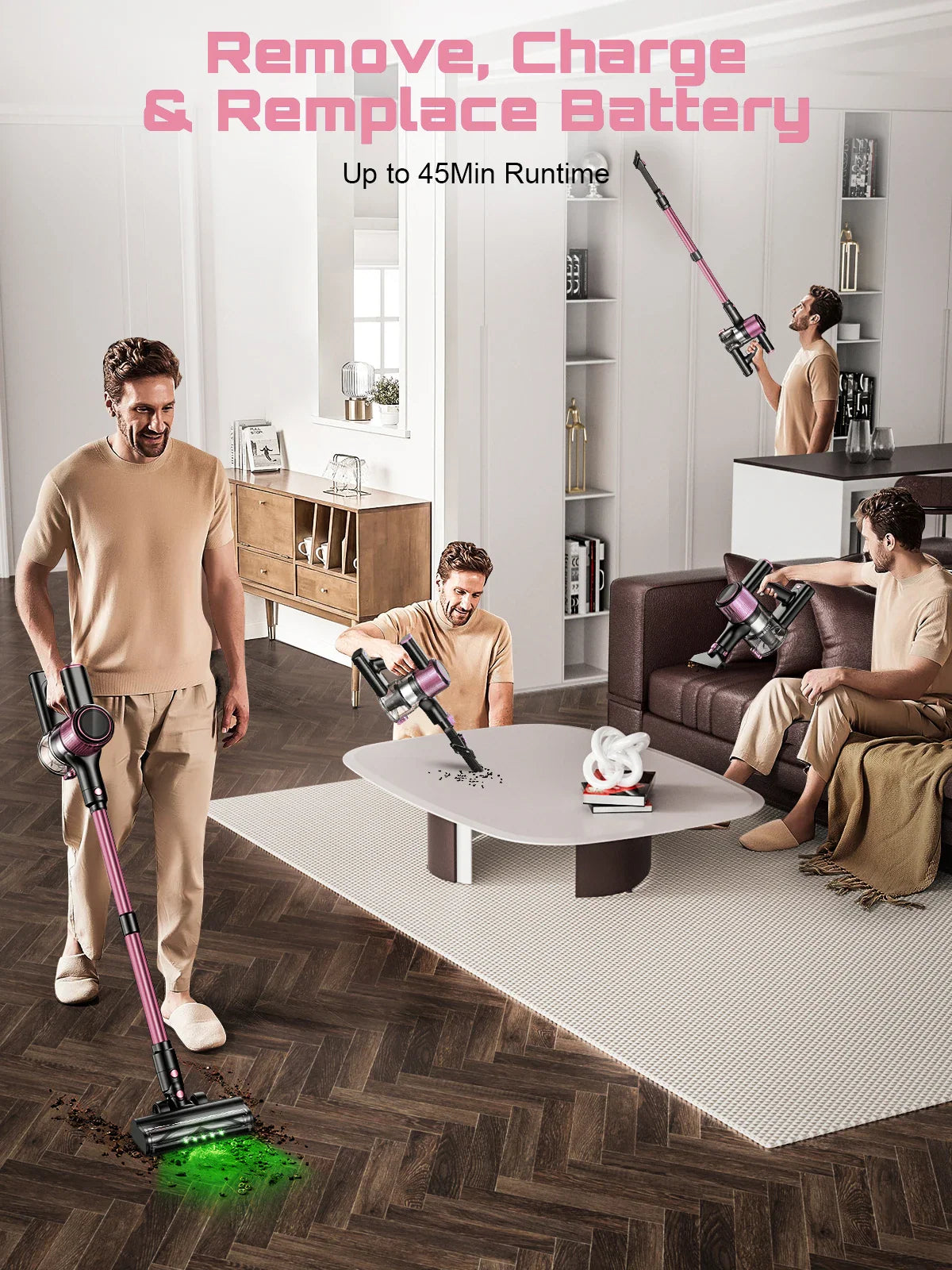 Man using a pink and black cordless stick vacuum cleaner in various home cleaning scenarios