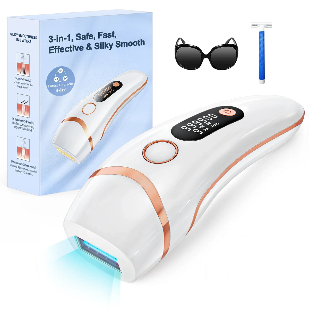 IPL laser hair removal device, white and rose gold, with protective glasses and a razor.