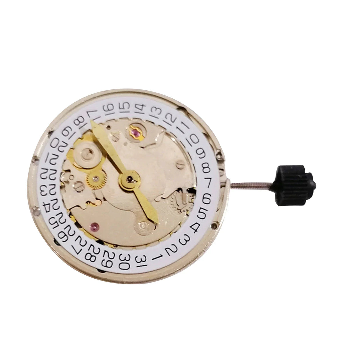 Automatic mechanical movement for watches with gold finish and date wheel.