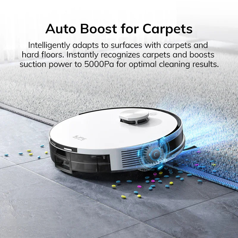 White robot vacuum cleaner on carpet demonstrating automatic suction power increase