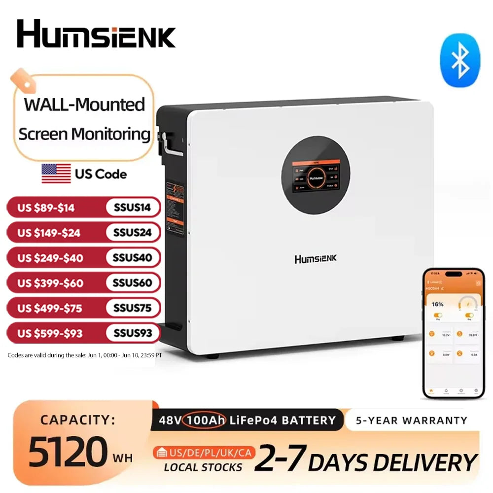 Wall-mounted LiFePO4 battery pack, white with display, with smartphone app interface and discount codes.