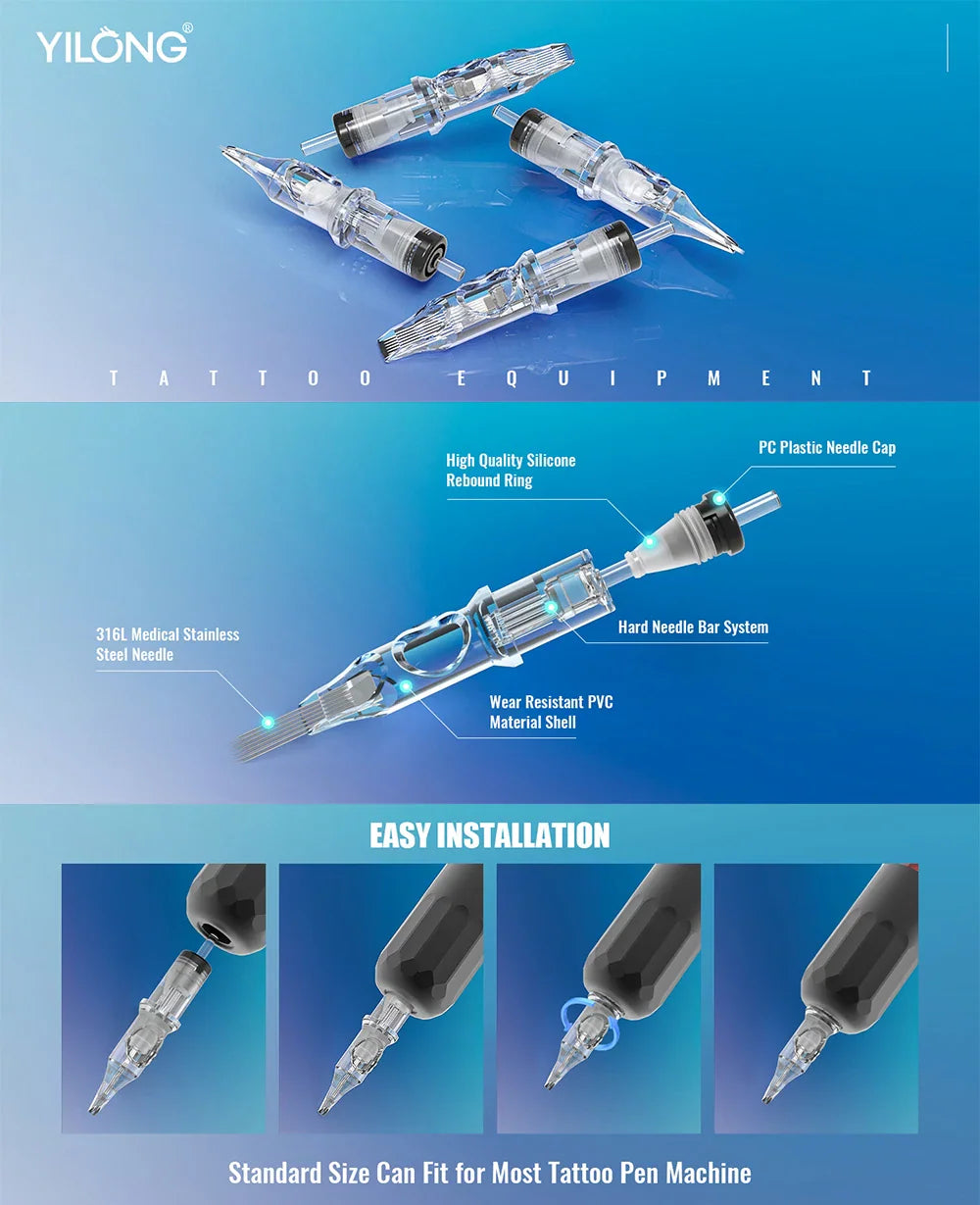 Diagram showing the anatomy and installation of tattoo needle cartridges.
