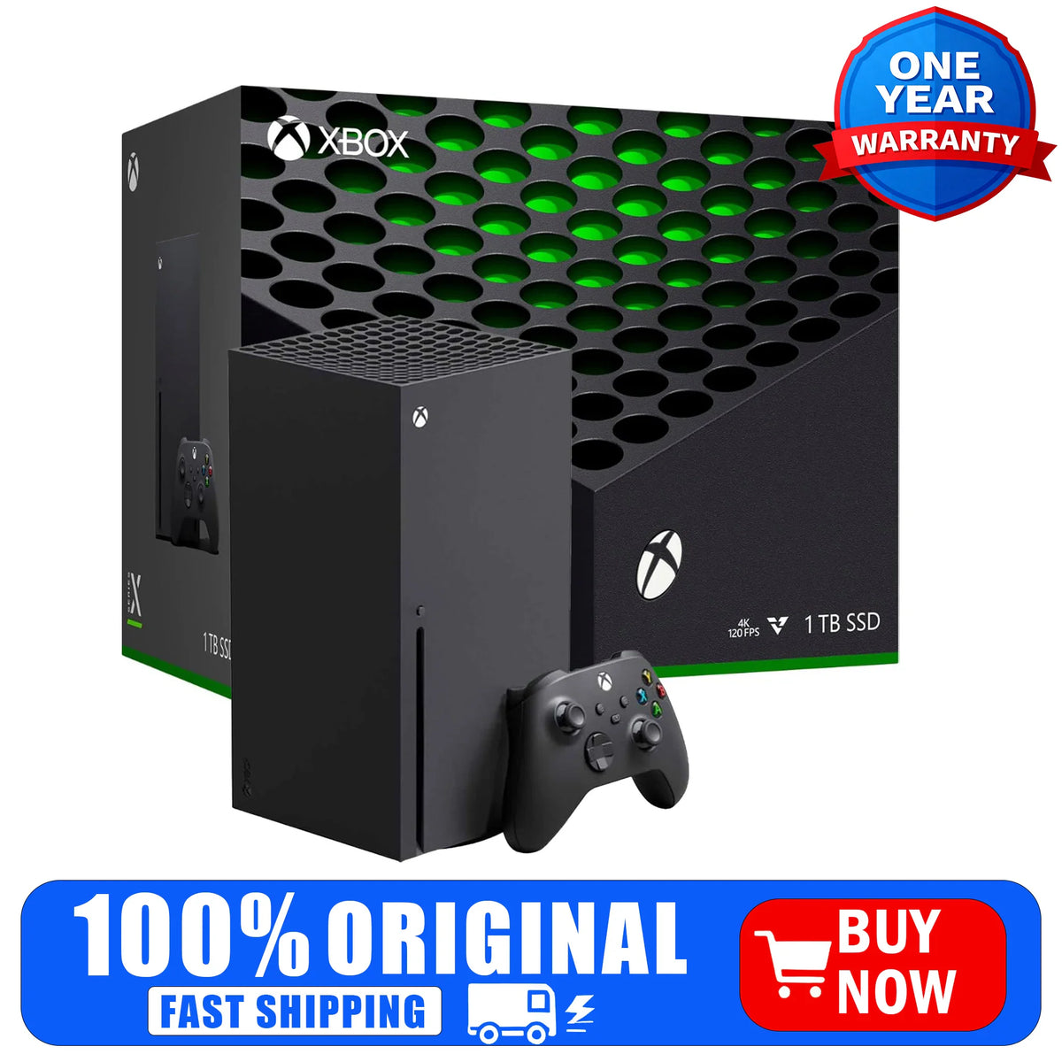 Black video game console with retail packaging box and wireless controller