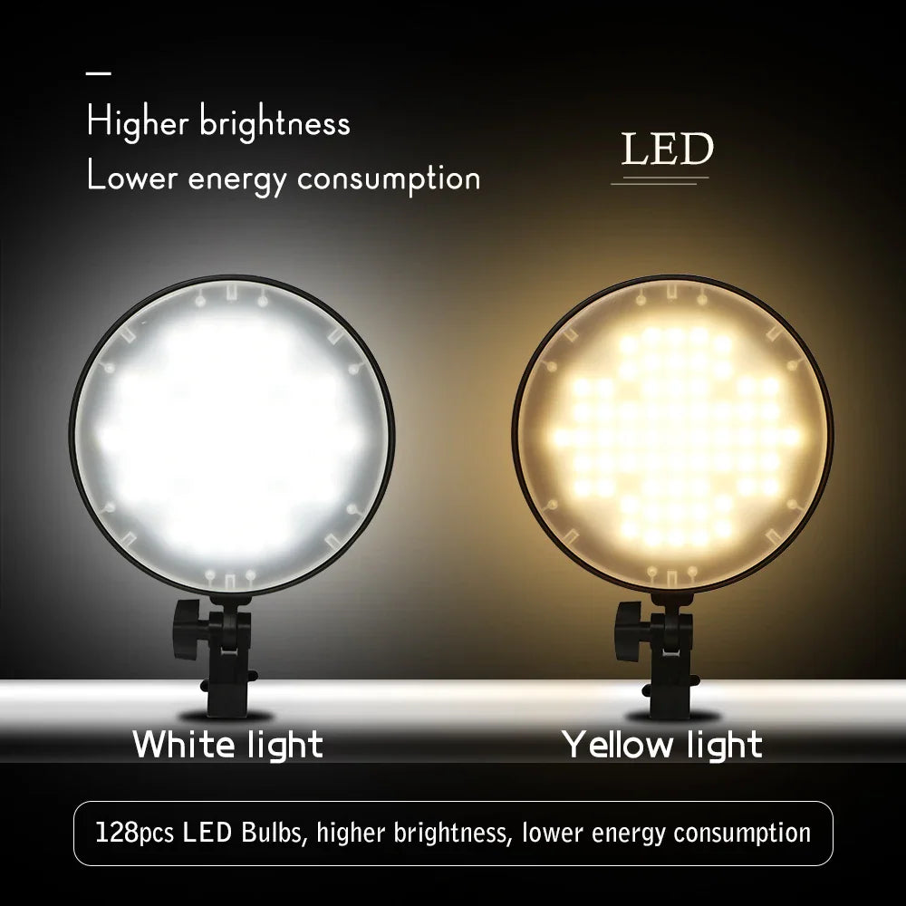 Two round LED studio lights showing different color temperatures: white and warm yellow.
