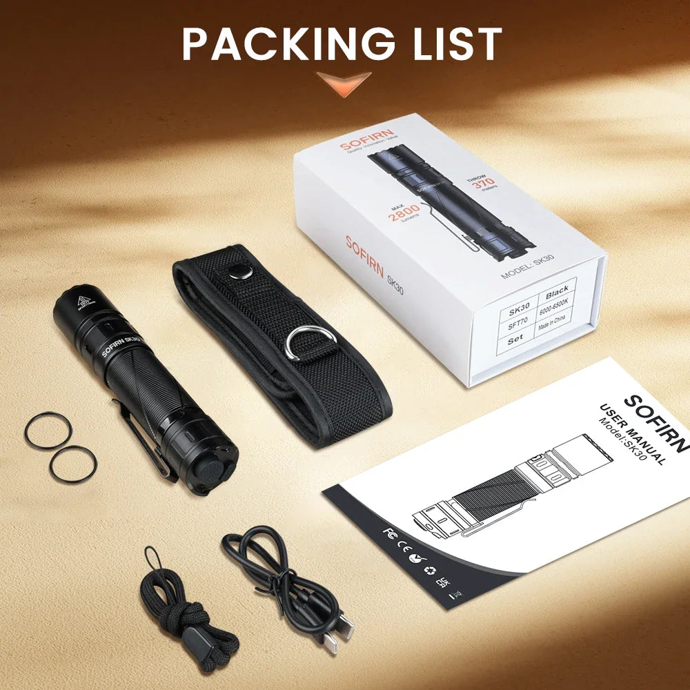 Packing list contents including tactical flashlight, belt holster, USB-C cable, lanyard, and user manual