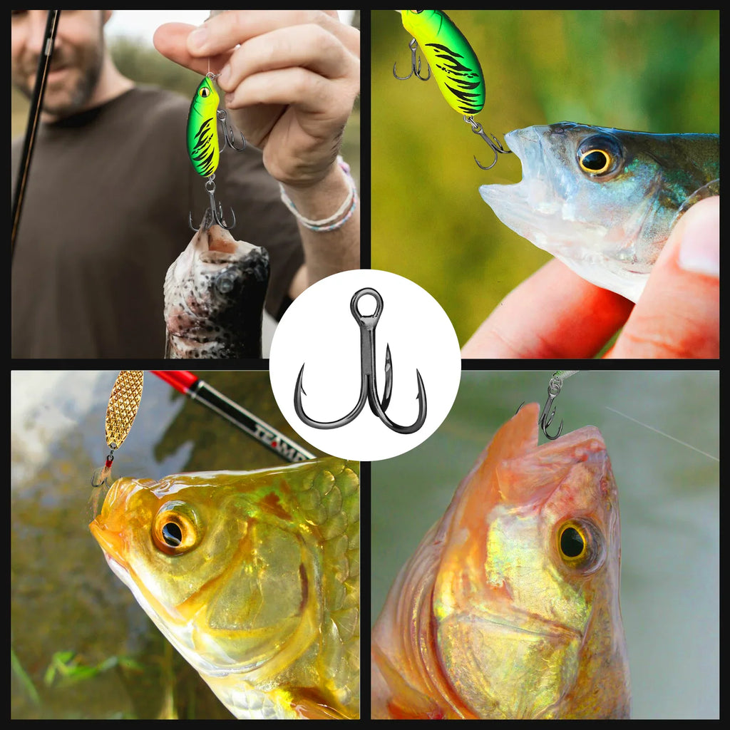 Collage of treble fishing hooks shown in use catching fish