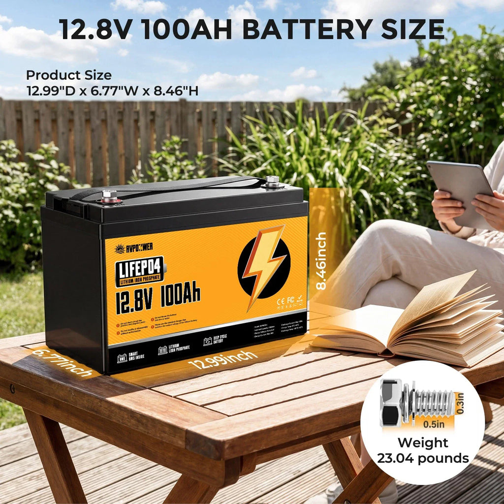 12.8V 100Ah LiFePO4 battery on a table with dimension and weight annotations