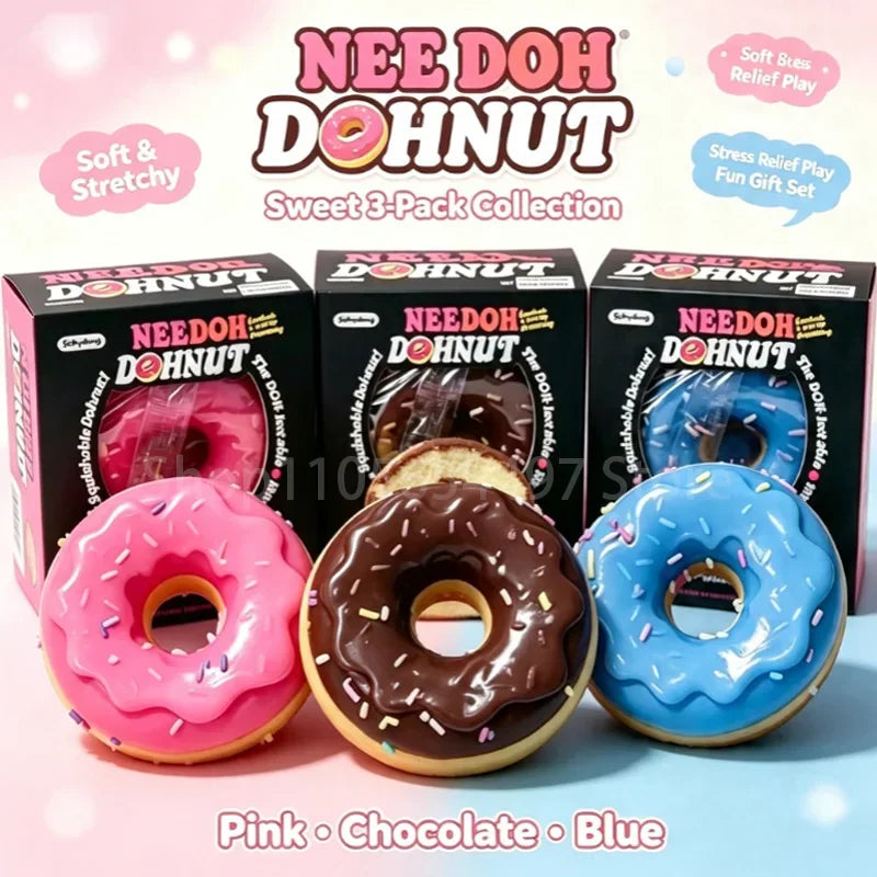 Collection of three doughnut shaped squishy sensory toys in pink, chocolate and blue colors with packaging.