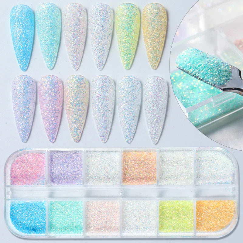 12-grid set of holographic nail glitter powder with multiple examples of finished nail tips and a close-up application