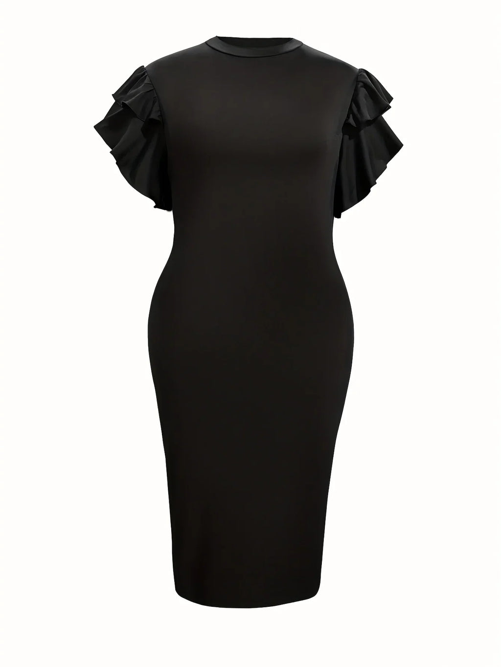 A black midi dress with flutter sleeves and a round neckline on a plain white background, front view.