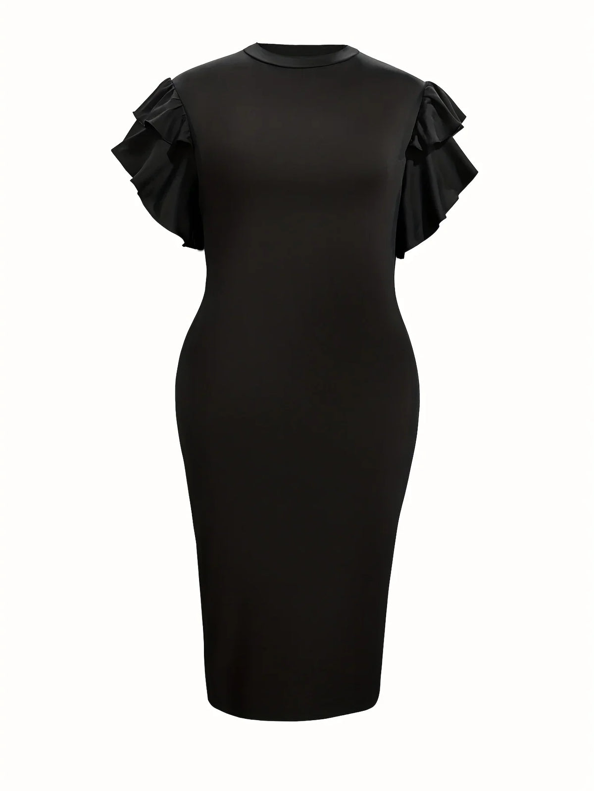 A black midi dress with flutter sleeves and a round neckline on a plain white background, front view.