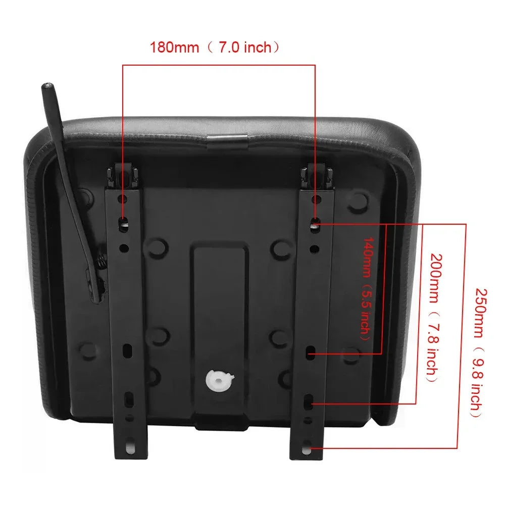 Back view of a black tractor seat showing mounting dimensions