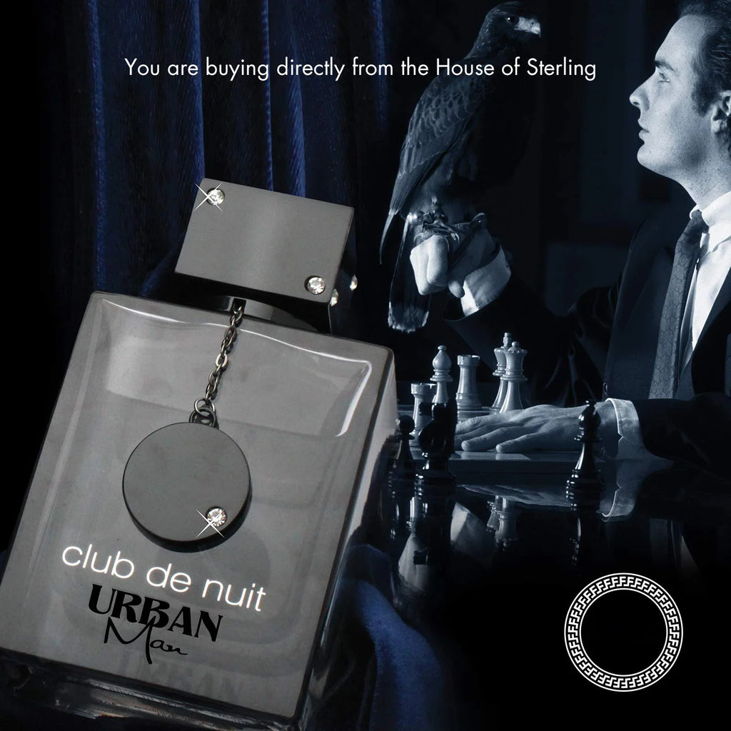 A dark perfume bottle displayed alongside a man playing chess with a hawk on his hand.