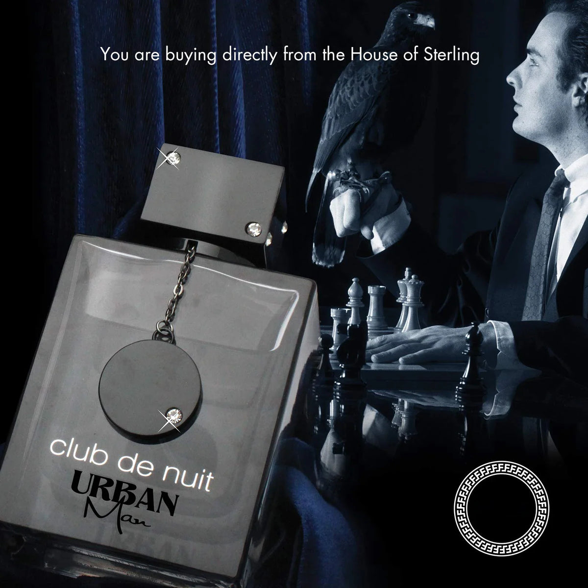 A dark perfume bottle displayed alongside a man playing chess with a hawk on his hand.