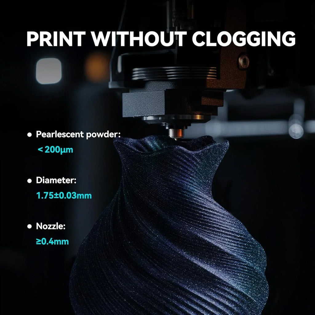 3D printer nozzle printing a decorative vase with black glitter filament