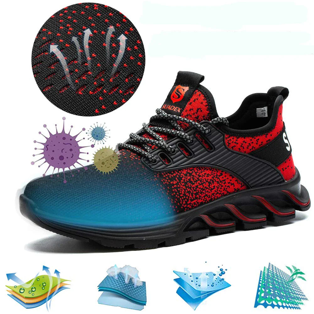 Red and black safety sneaker showing ventilation features