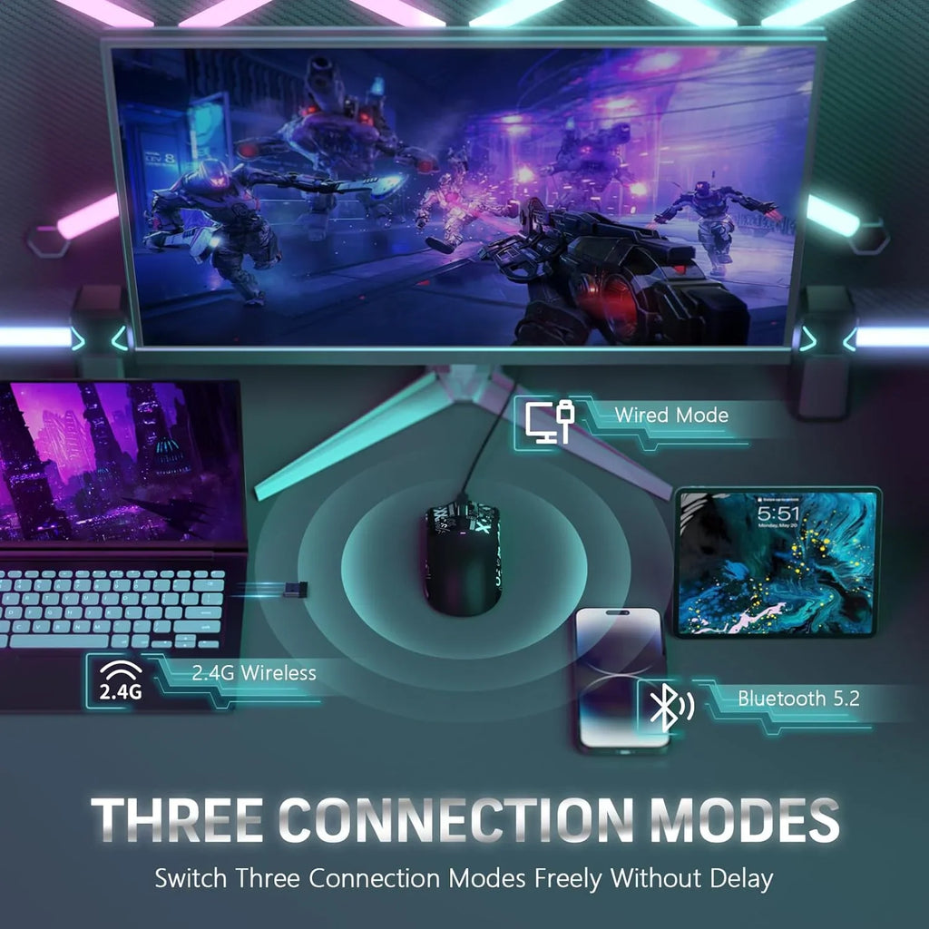 Black gaming mouse connected to a computer, tablet, and phone, illustrating tri-mode wireless connectivity options