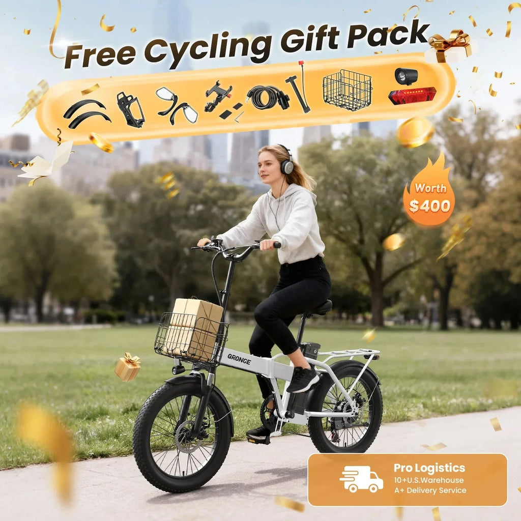 A person riding a white folding electric bicycle in a park with gift pack accessories shown above.