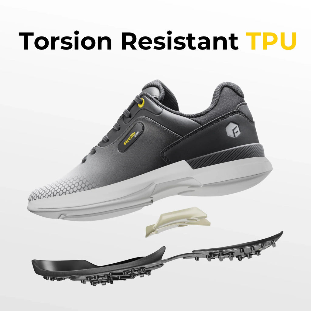An exploded view of a grey golf shoe showing the torsion-resistant TPU component inside the sole.