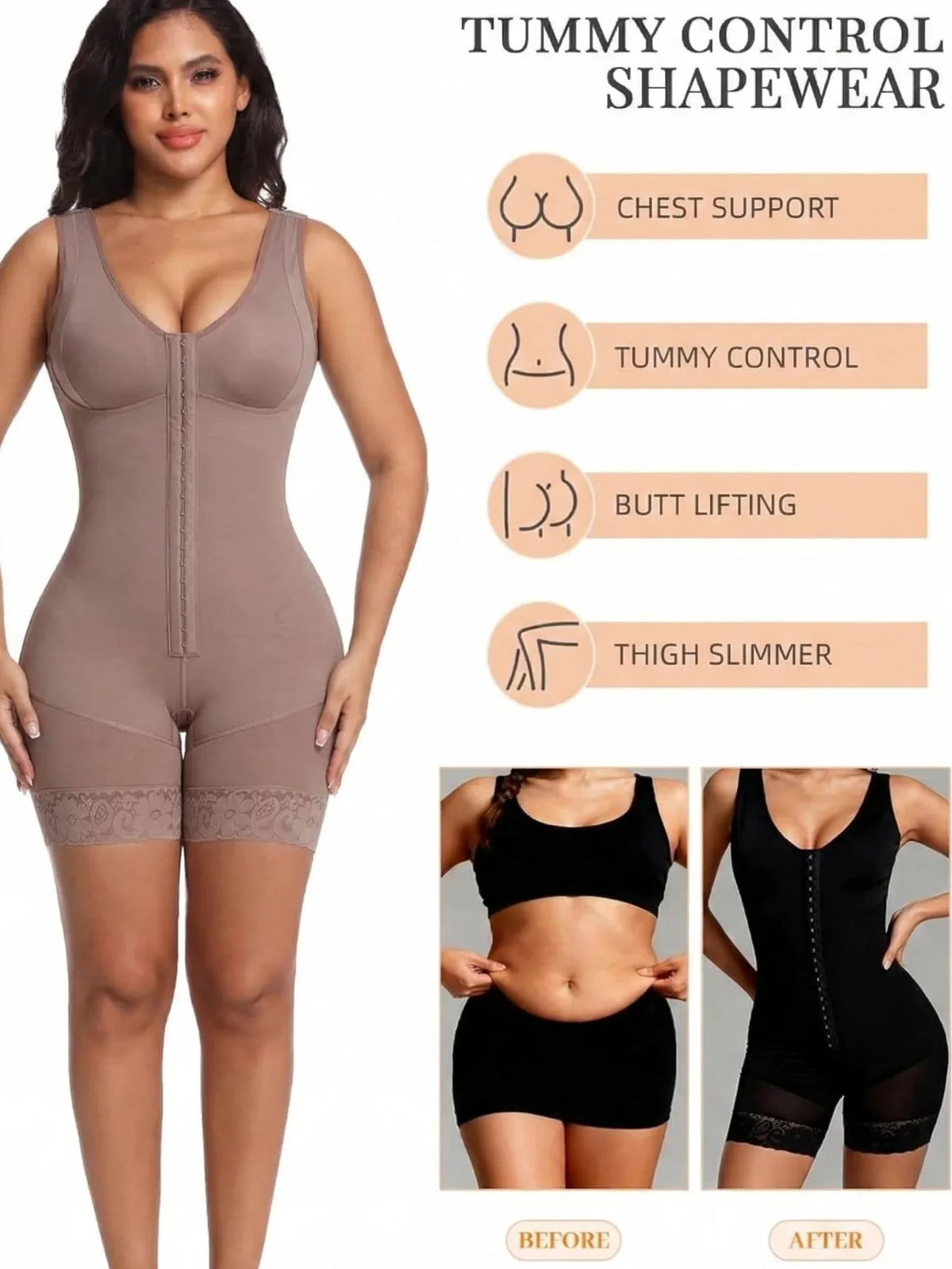 A brown full body shapewear bodysuit with before and after comparison and text detailing its benefits.