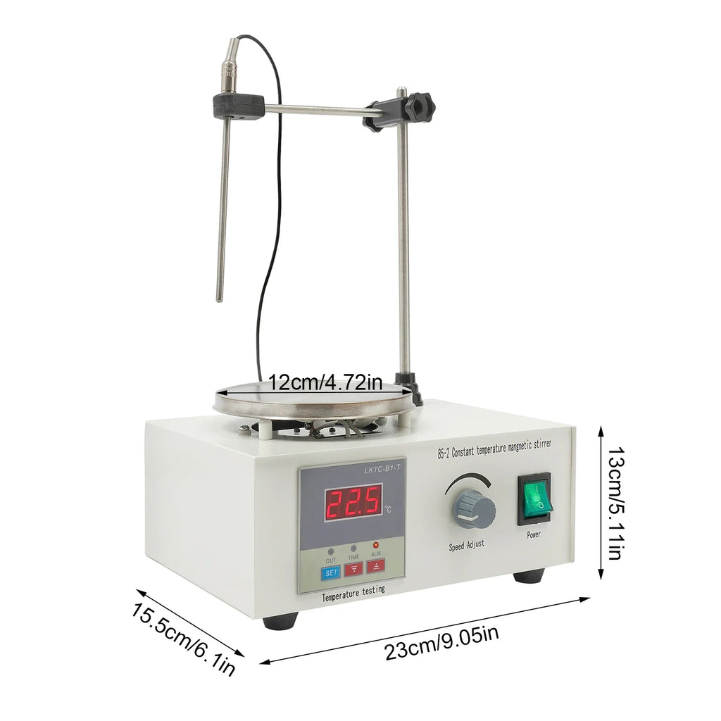 Magnetic stirrer with heating plate and temperature probe showing dimensions in centimeters and inches