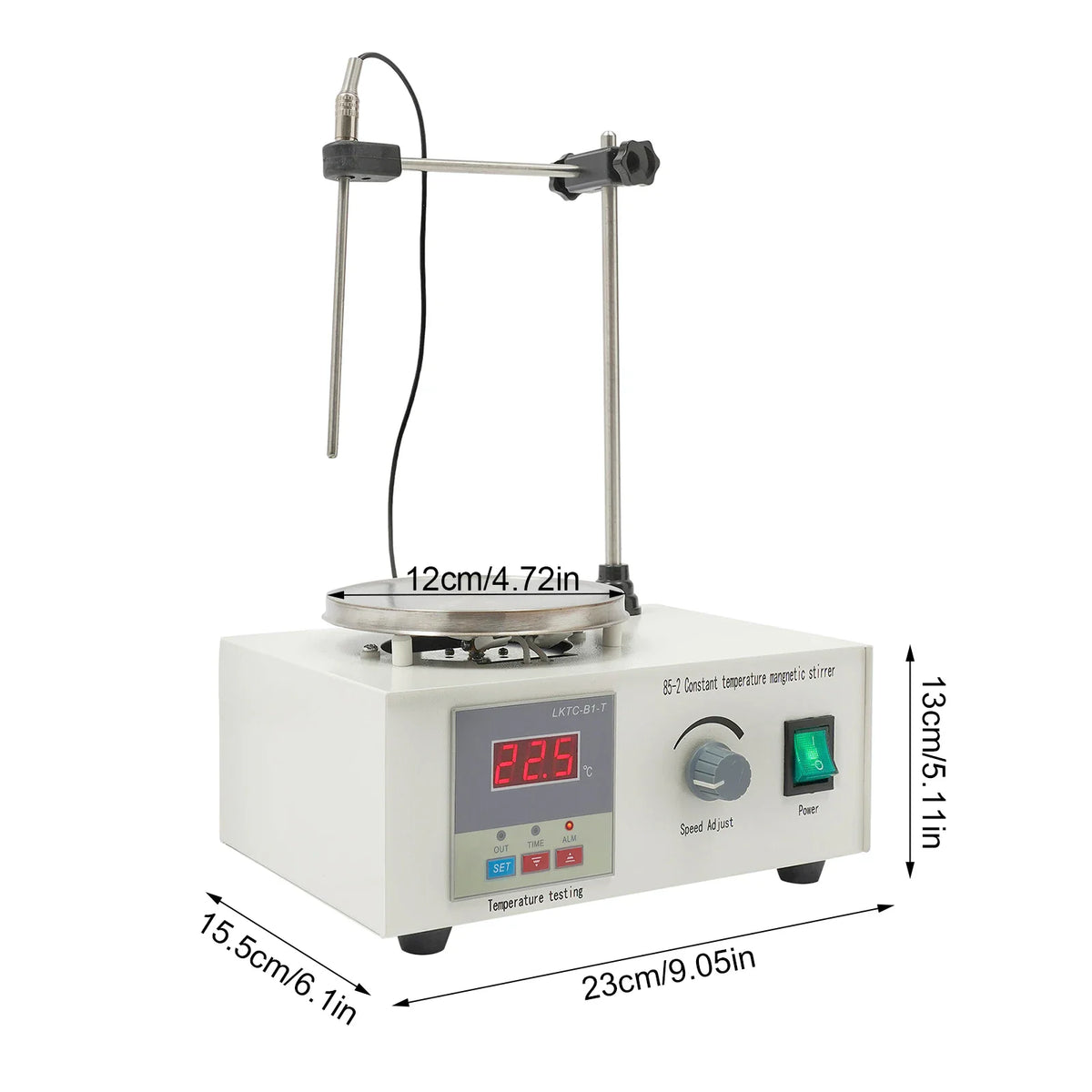 Magnetic stirrer with heating plate and temperature probe showing dimensions in centimeters and inches