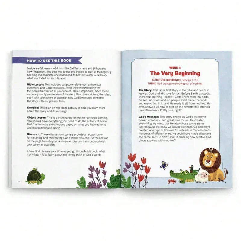 Open pages of a Bible study workbook for kids showing lesson one about the creation