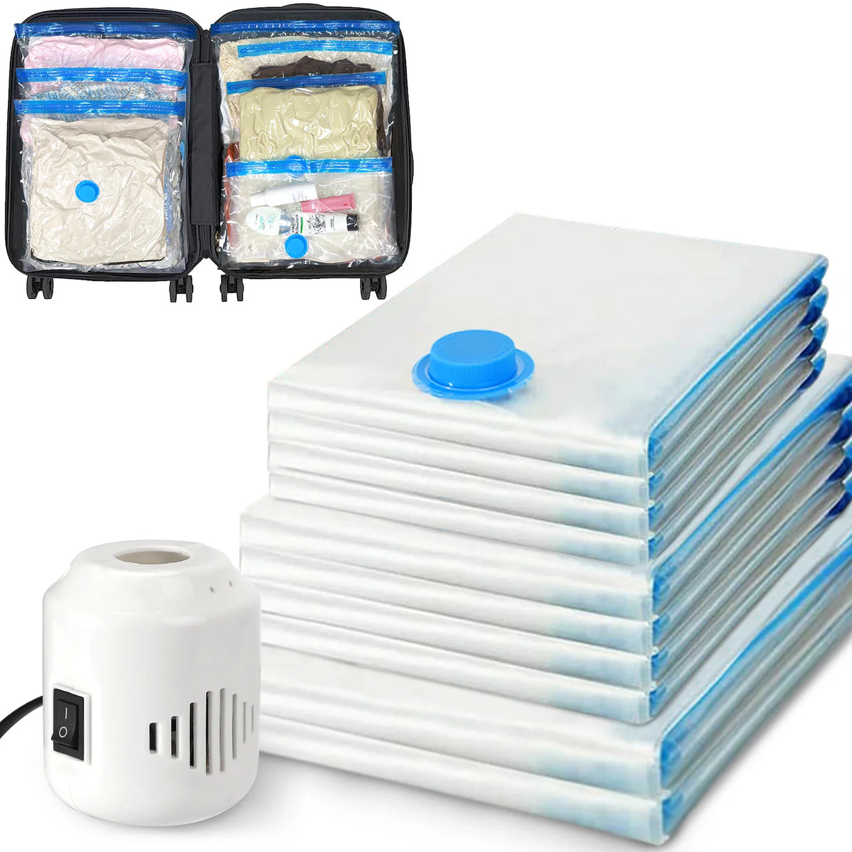 A set of clear vacuum storage bags with a white electric pump for clothes and bedding.