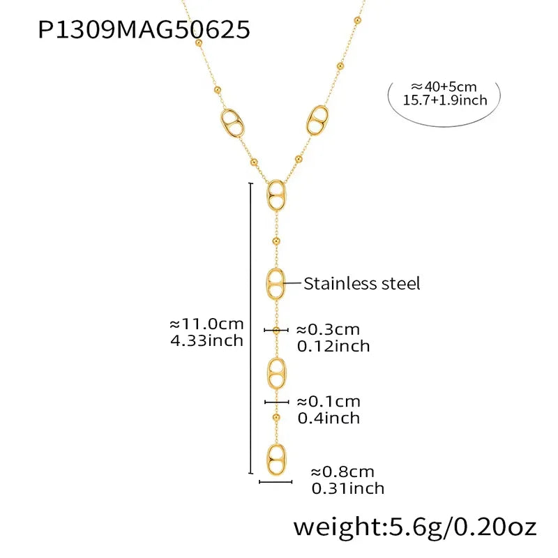 Technical diagram showing the measurements of a gold y-shaped necklace with oval links.