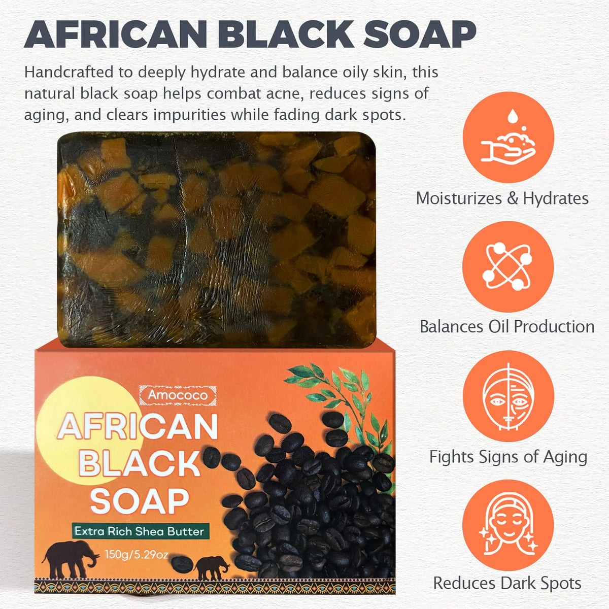 African black soap bar and packaging box with text listing skin benefits and circular icons