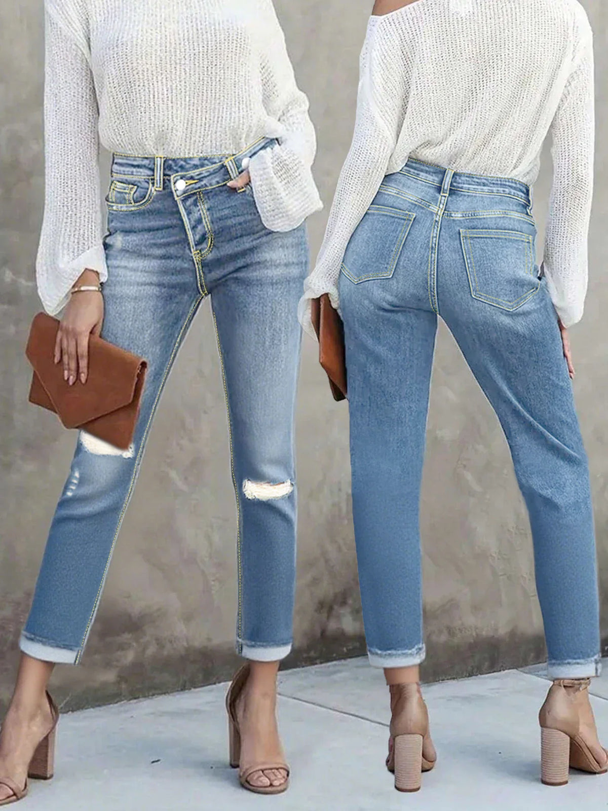 Front and back views of high-waisted light blue distressed skinny jeans