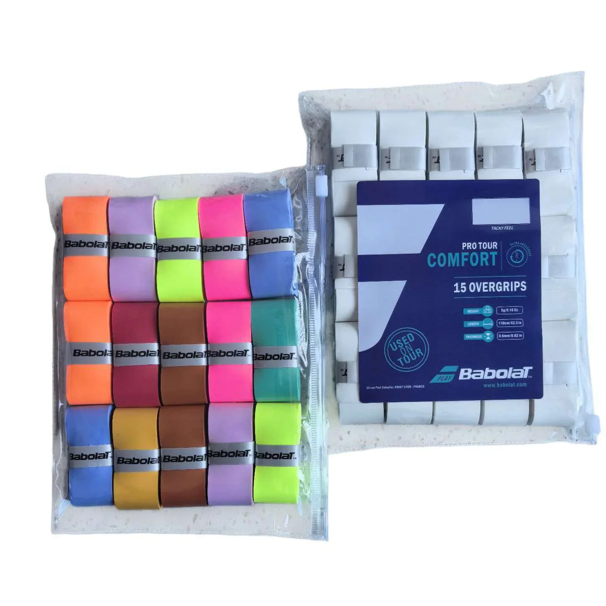 A collection of multicolored tennis racket overgrips in plastic packaging.