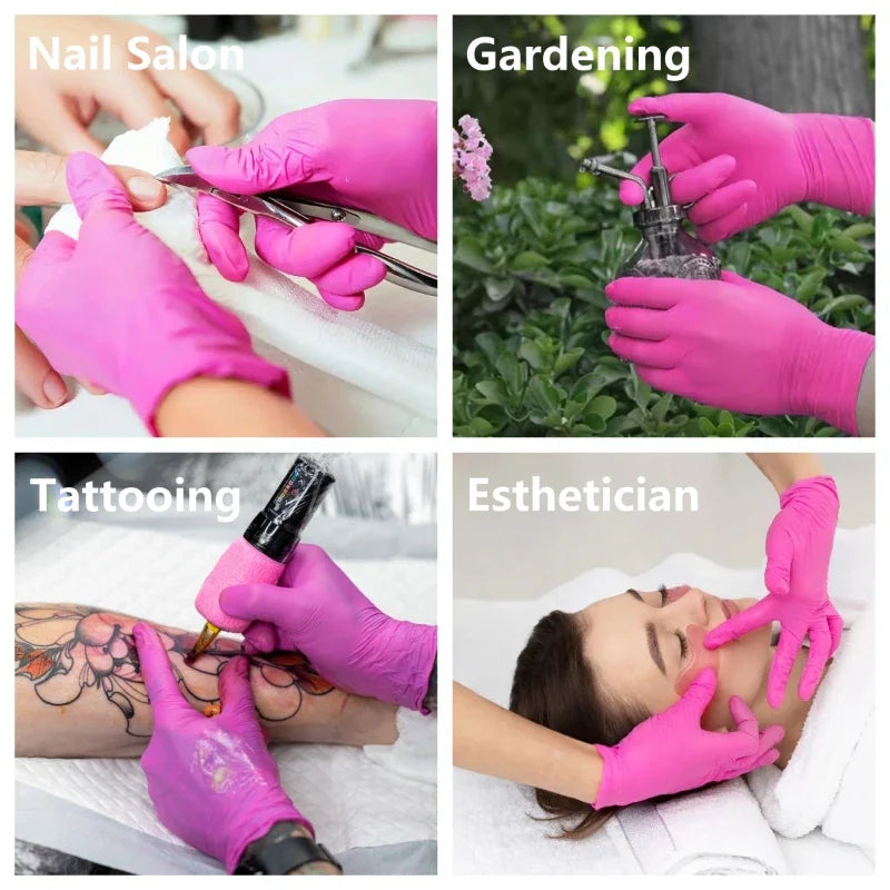 A collage showing pink nitrile gloves being used for nail care, gardening, tattooing, and esthetician services
