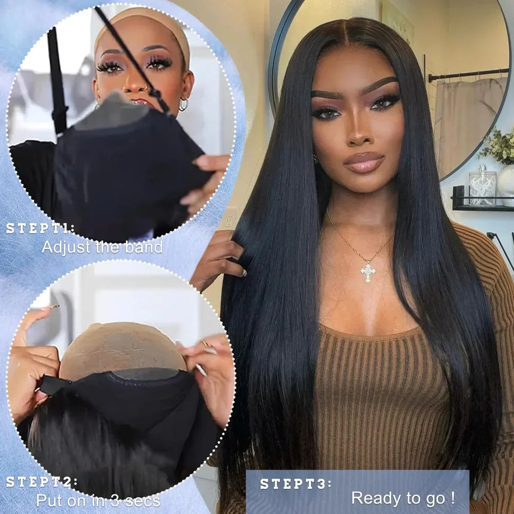 A step-by-step instructional graphic showing how to put on a glueless lace front wig.