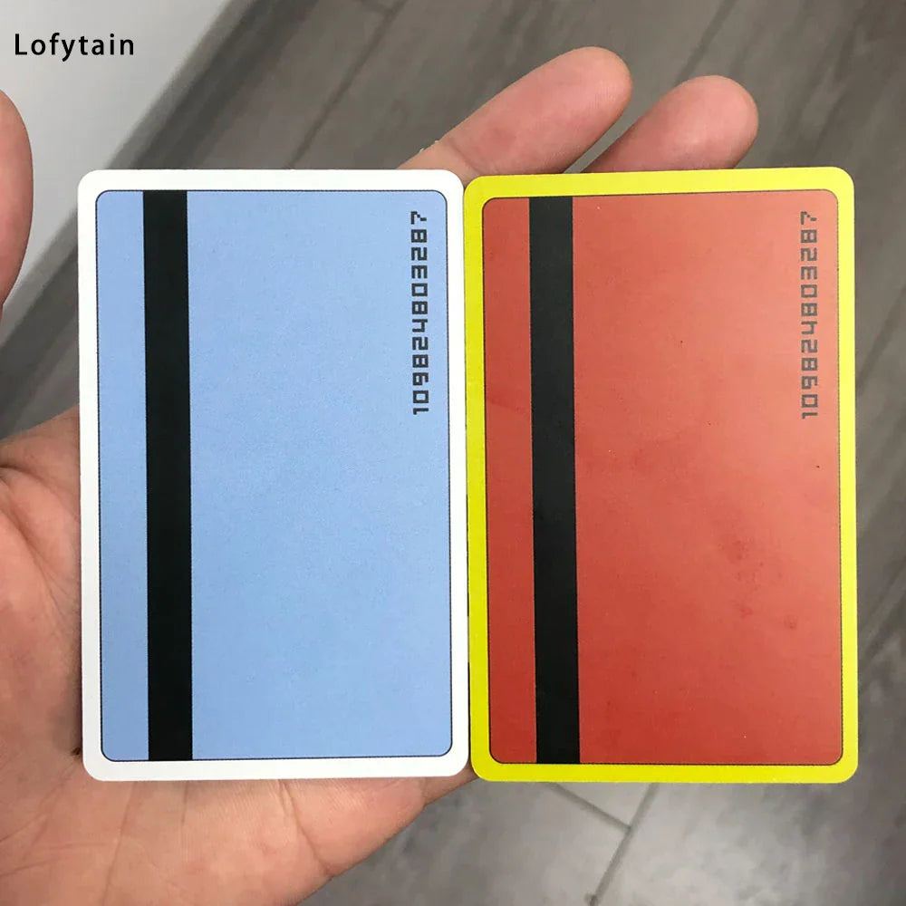 Back side of two anime-inspired cosplay license cards showing black magnetic stripes and numeric codes