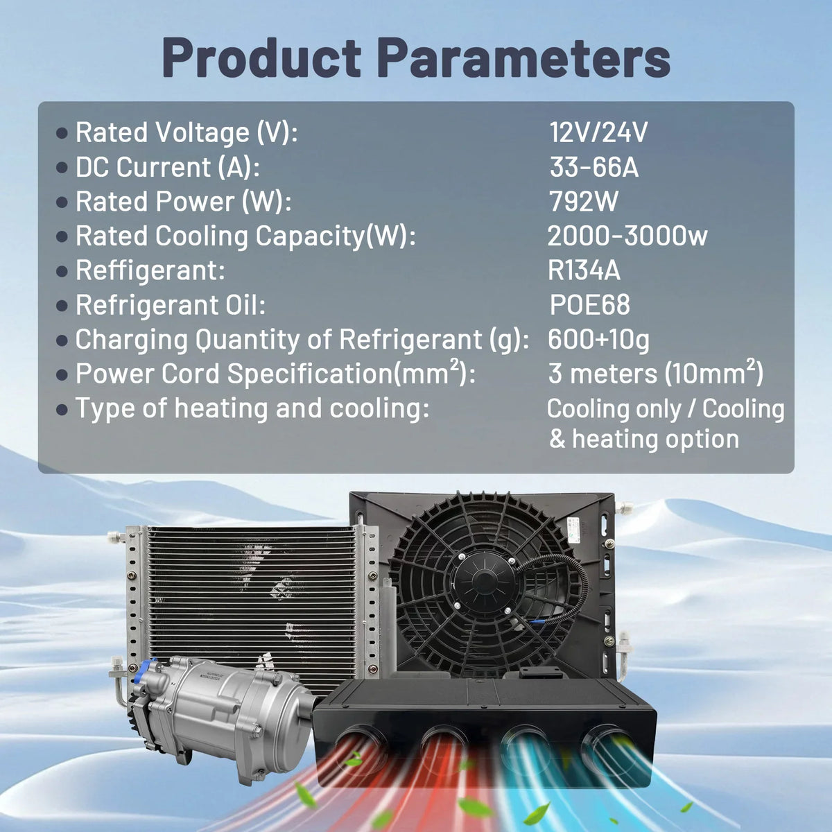Product parameter specifications for 12V and 24V vehicle air conditioning system