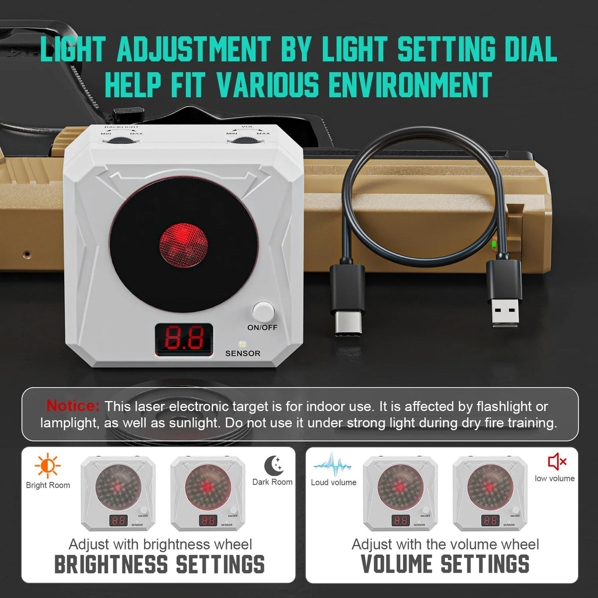 Electronic laser target with brightness and volume adjustment settings for shooting training