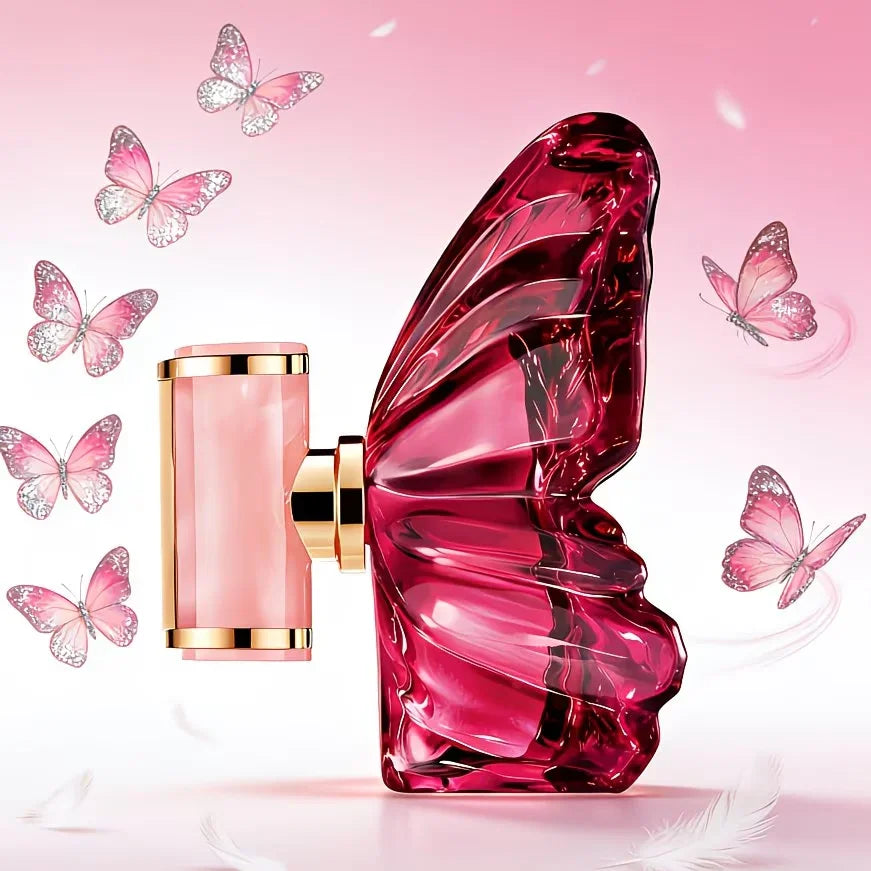 A pink butterfly-shaped glass perfume bottle surrounded by flying butterflies and feathers.