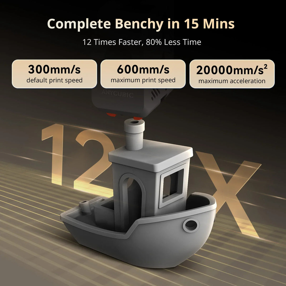 Close up of 3D printer nozzle working on a grey boat model with speed specifications.