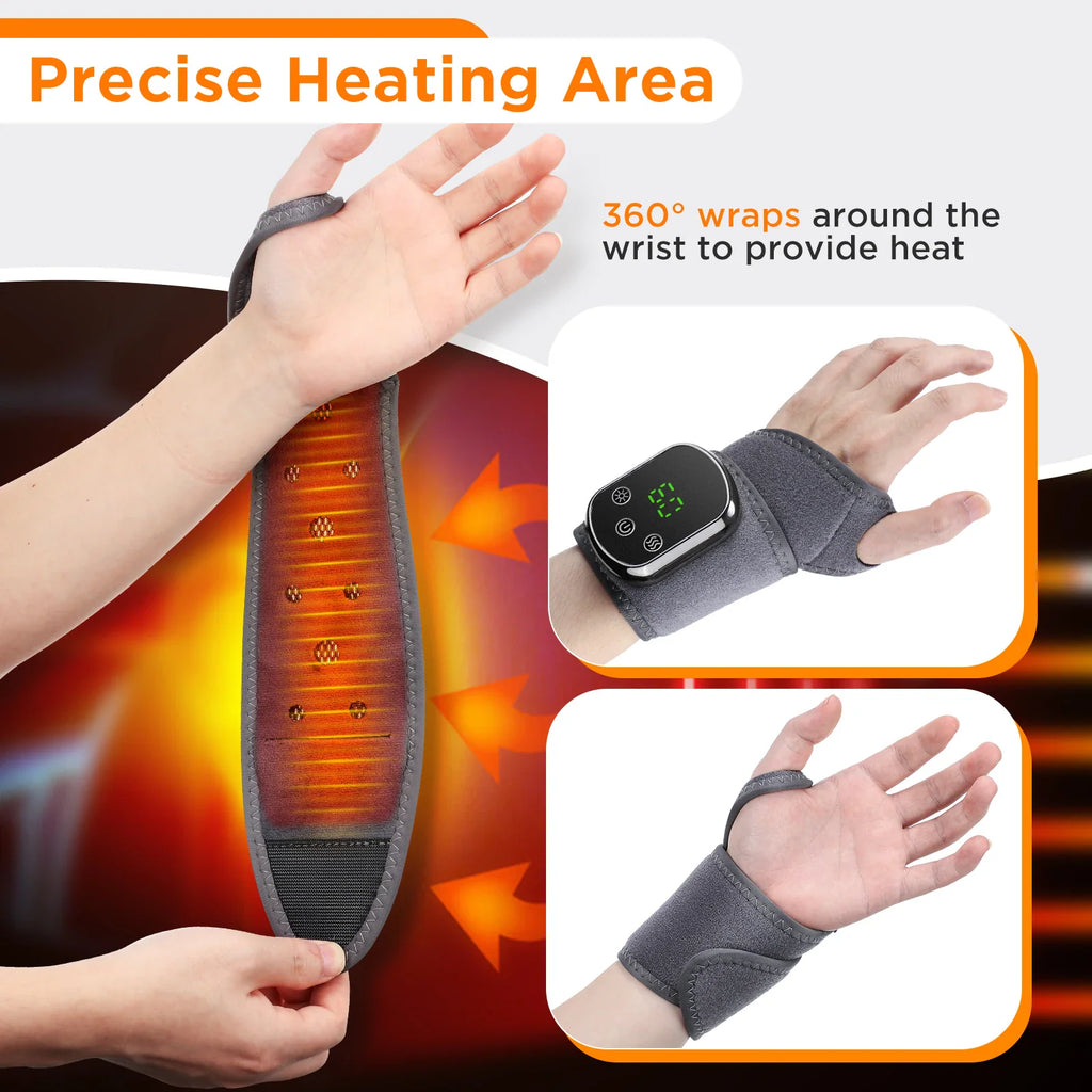 Heated wrist wrap showing internal heating elements and different wearing angles.