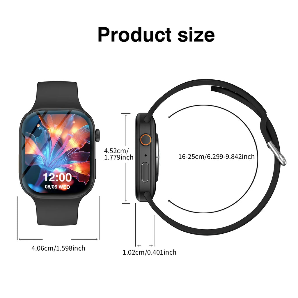 A technical diagram of a black smartwatch with dimensions labeled in centimeters and inches.