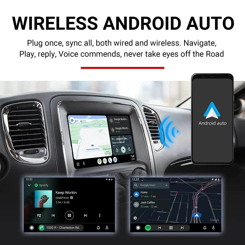 Dashboard screen showing wireless Android Auto navigation and media interface