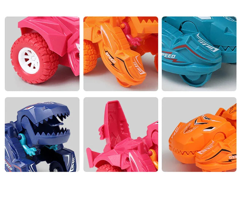 Detailed close-up views of dinosaur transforming car toys