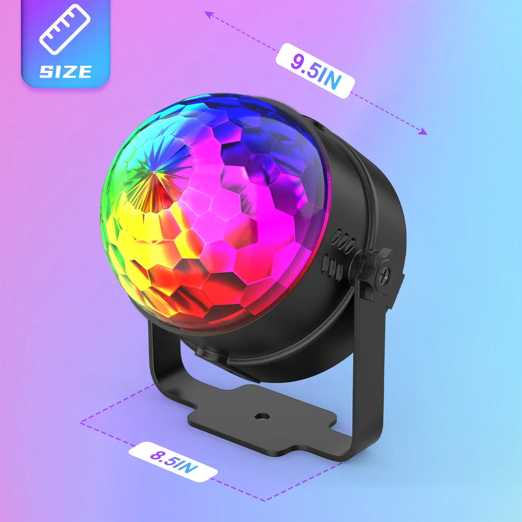 Dimensions of an LED disco ball light shown with measurement indicators
